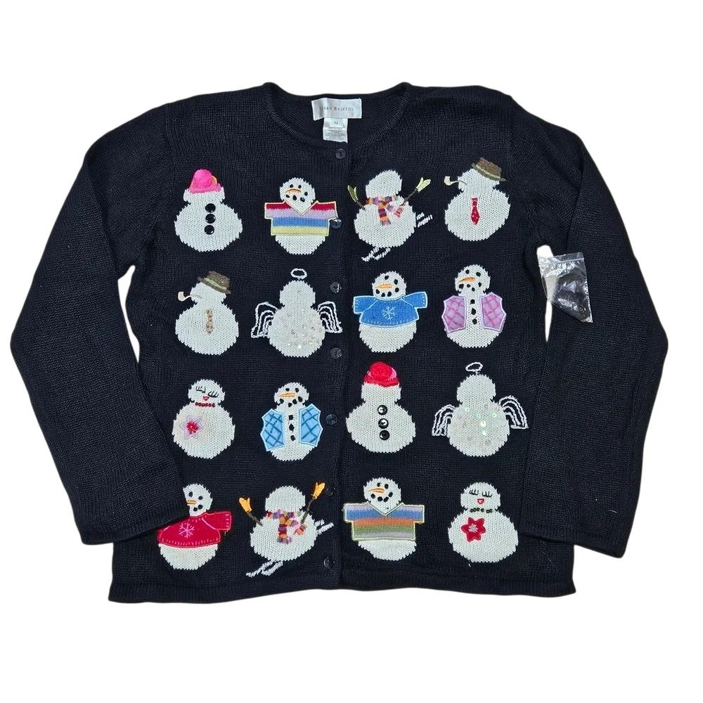 NEW Susan Bristol Embellished Beaded Snowmen Black Cardigan Sweater Medium